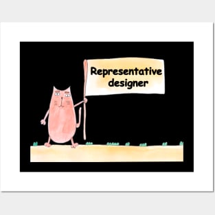 Representative designer. Profession, work, job. Cat shows a banner with the inscription. Watercolor illustration. A gift for a professional. Posters and Art